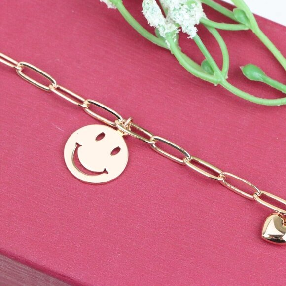 "Rose Gold Smiley Charm Bracelet with Heart Dangles, XPBL1149 - Picture 11 of 12